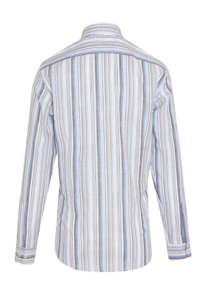 Kahverengi Slim Fit Çizgili 100% Pamuk Slim Yaka Uzun Kollu Klasik Gömlek - 2