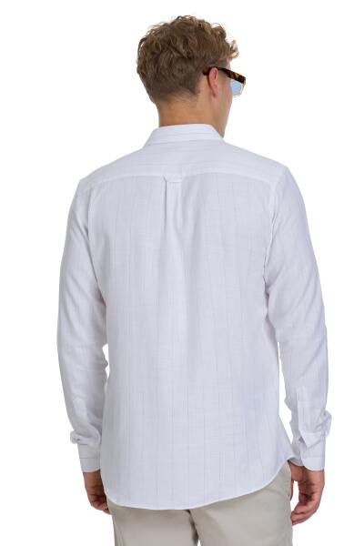 Kahverengi Comfort Fit 100% Pamuk Çizgili Slim Yaka Uzun Kollu Spor Gömlek - 5