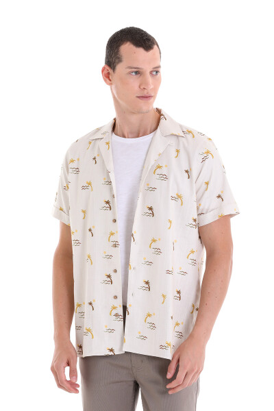 Kahverengi Comfort Fit Baskılı Apaş Yaka 100% Pamuklu Kısa Kollu Casual Gömlek - 1