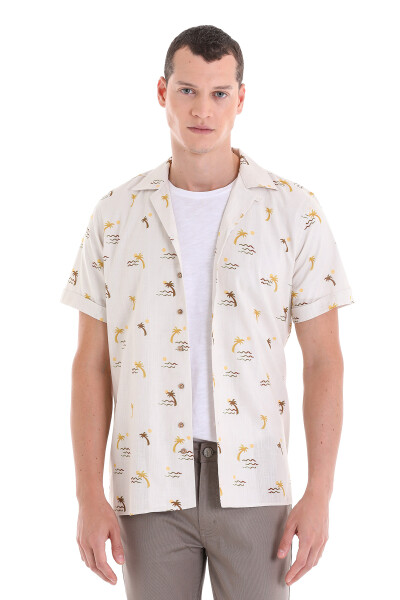 Kahverengi Comfort Fit Baskılı Apaş Yaka 100% Pamuklu Kısa Kollu Casual Gömlek - 3