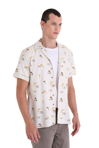 Kahverengi Comfort Fit Baskılı Apaş Yaka 100% Pamuklu Kısa Kollu Casual Gömlek - 4