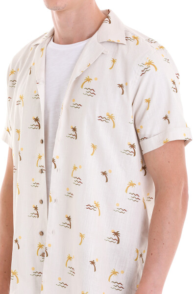 Kahverengi Comfort Fit Baskılı Apaş Yaka 100% Pamuklu Kısa Kollu Casual Gömlek - 5