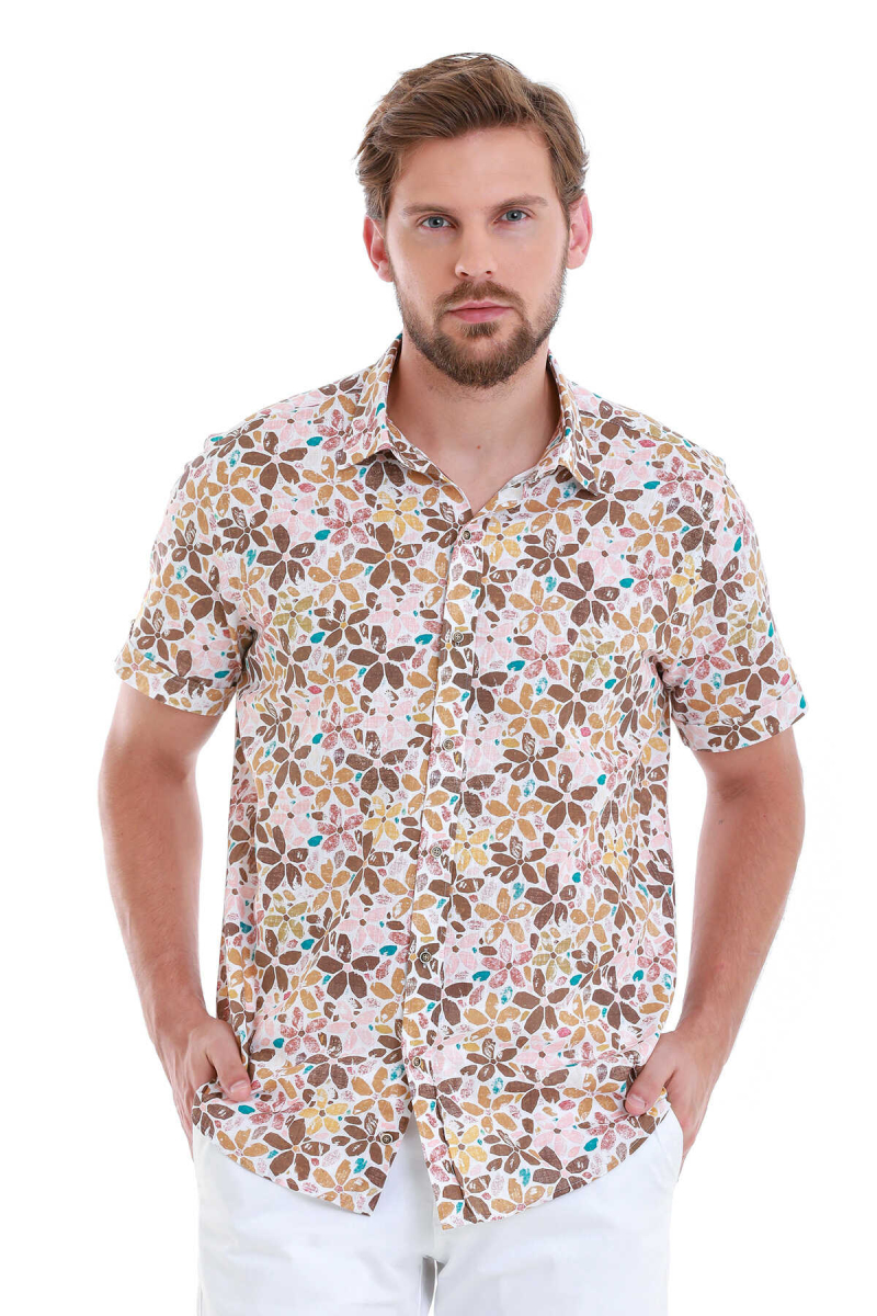 Kahverengi Comfort Fit Baskılı 100% Pamuk Slim Yaka Kısa Kollu Gömlek - Hatem Saykı