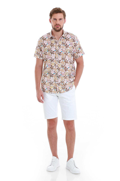 Kahverengi Comfort Fit Baskılı 100% Pamuk Slim Yaka Kısa Kollu Gömlek - 2