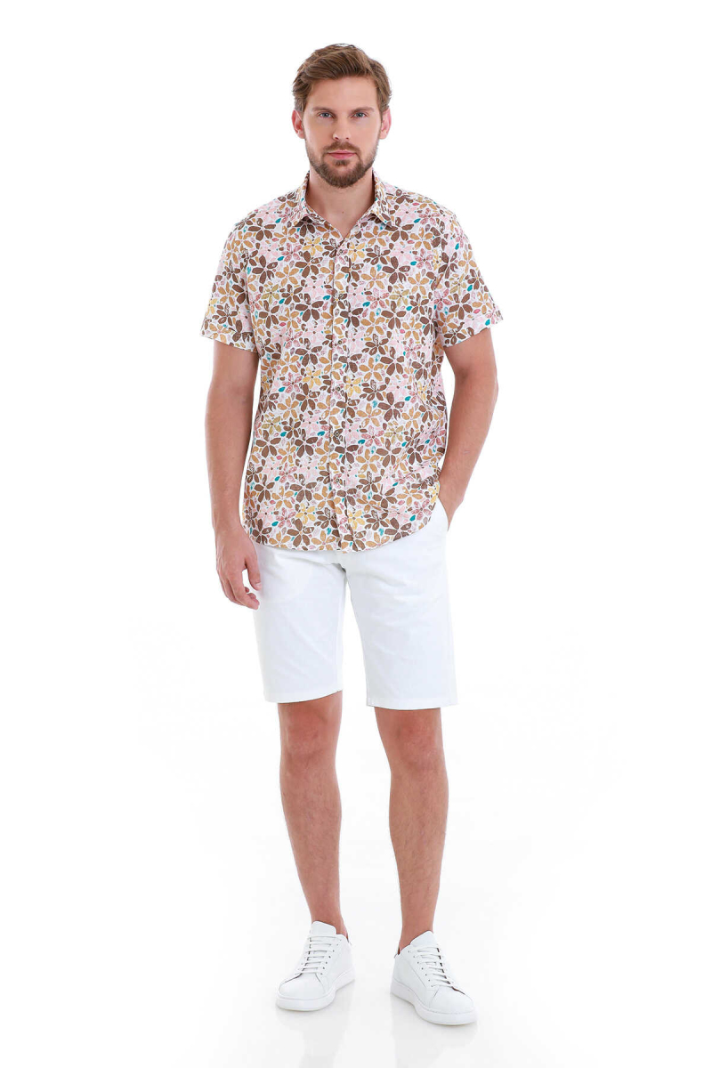 Kahverengi Comfort Fit Baskılı 100% Pamuk Slim Yaka Kısa Kollu Gömlek - Hatem Saykı (1)