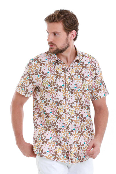 Kahverengi Comfort Fit Baskılı 100% Pamuk Slim Yaka Kısa Kollu Gömlek - 3