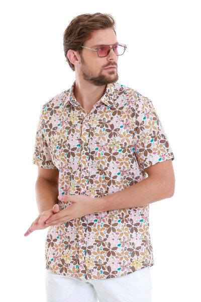 Kahverengi Comfort Fit Baskılı 100% Pamuk Slim Yaka Kısa Kollu Gömlek - 4