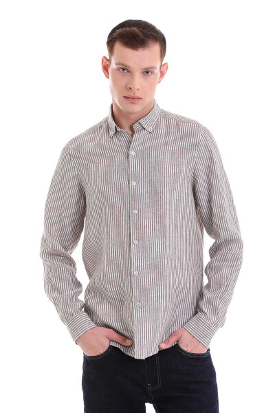 Kahverengi Comfort Fit Çizgili 100% Düğmeli Yaka Uzun Kollu Casual Keten Gömlek - 1