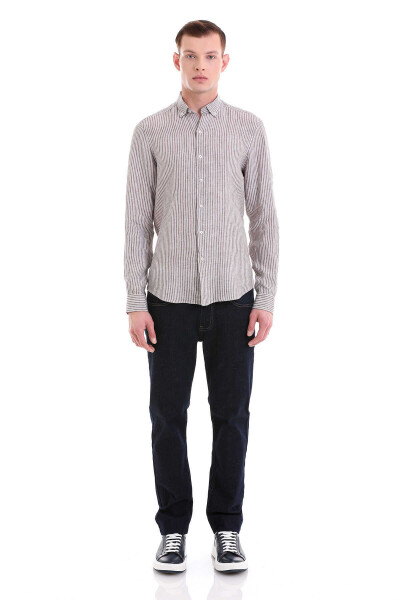 Kahverengi Comfort Fit Çizgili 100% Düğmeli Yaka Uzun Kollu Casual Keten Gömlek - 2