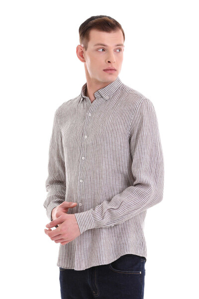 Kahverengi Comfort Fit Çizgili 100% Düğmeli Yaka Uzun Kollu Casual Keten Gömlek - 3