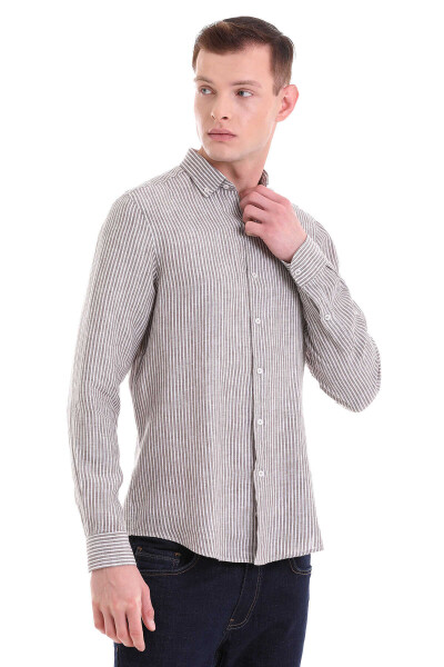 Kahverengi Comfort Fit Çizgili 100% Düğmeli Yaka Uzun Kollu Casual Keten Gömlek - 4