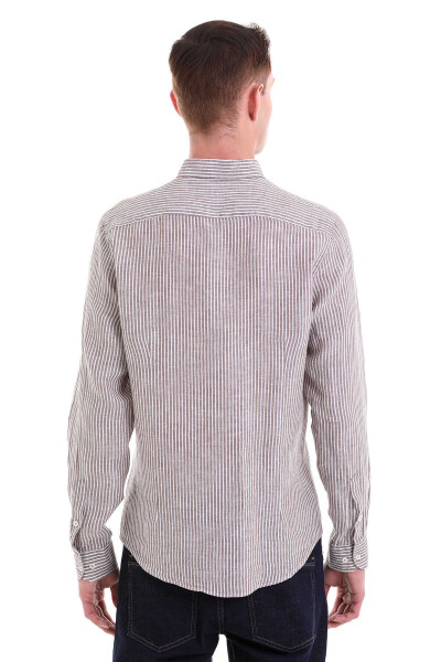 Kahverengi Comfort Fit Çizgili 100% Düğmeli Yaka Uzun Kollu Casual Keten Gömlek - 6