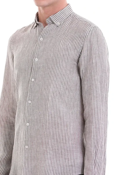 Kahverengi Comfort Fit Çizgili 100% Düğmeli Yaka Uzun Kollu Casual Keten Gömlek - 5
