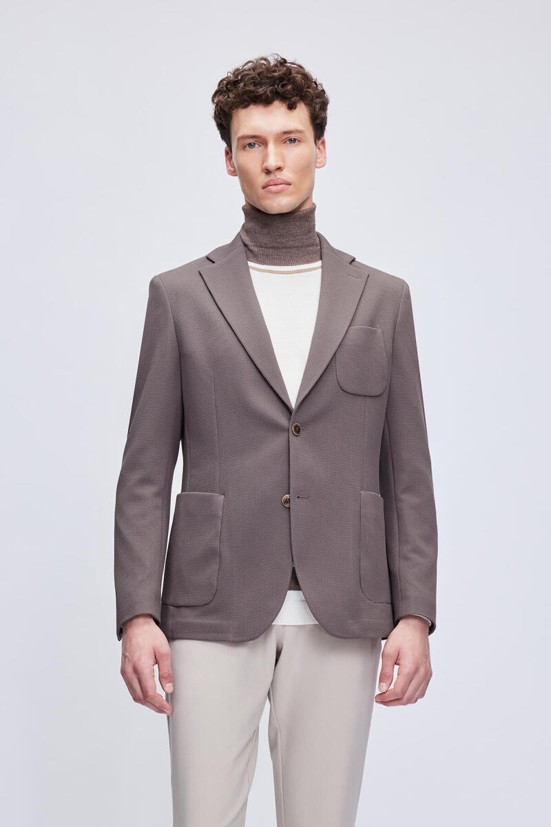 Kahverengi Comfort Fit Desenli Mono Yaka Klasik Ceket - HTML