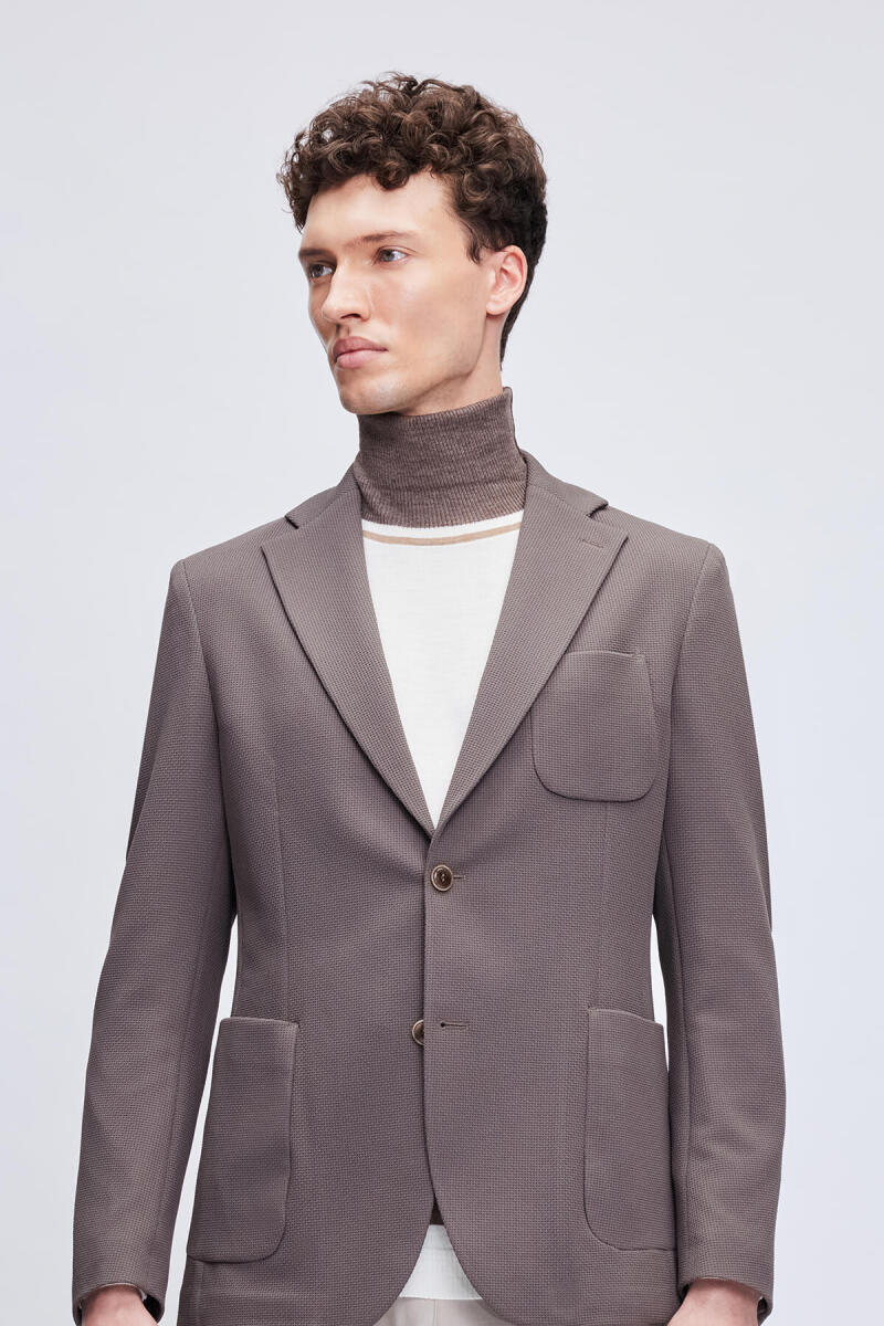 Kahverengi Comfort Fit Desenli Mono Yaka Klasik Ceket - HTML (1)