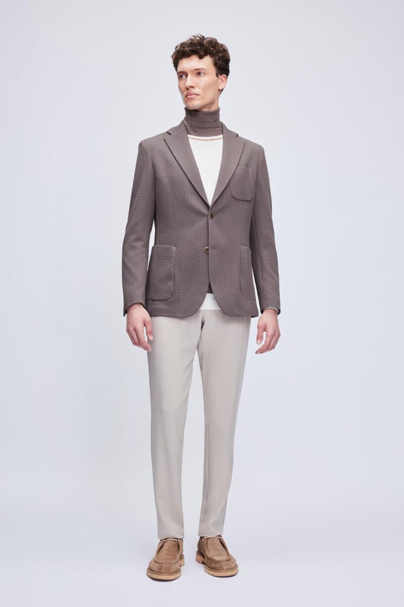 Kahverengi Comfort Fit Desenli Mono Yaka Klasik Ceket - HTML (1)