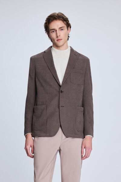 Kahverengi Comfort Fit Desenli Mono Yaka Klasik Ceket - 1