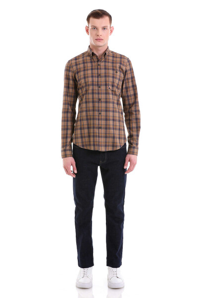 Kahverengi Comfort Fit Kareli 100% Pamuklu Düğmeli Yaka Uzun Kollu Klasik Gömlek - 2