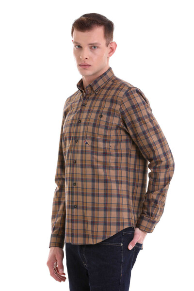 Kahverengi Comfort Fit Kareli 100% Pamuklu Düğmeli Yaka Uzun Kollu Klasik Gömlek - 3