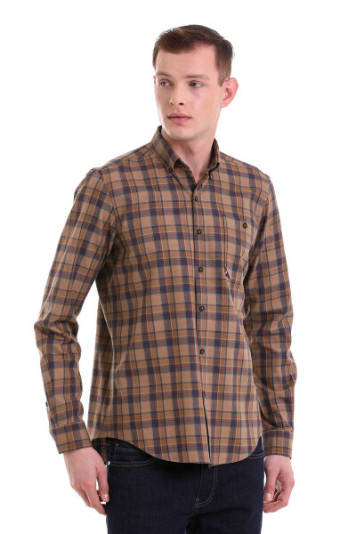Kahverengi Comfort Fit Kareli 100% Pamuklu Düğmeli Yaka Uzun Kollu Klasik Gömlek - 4
