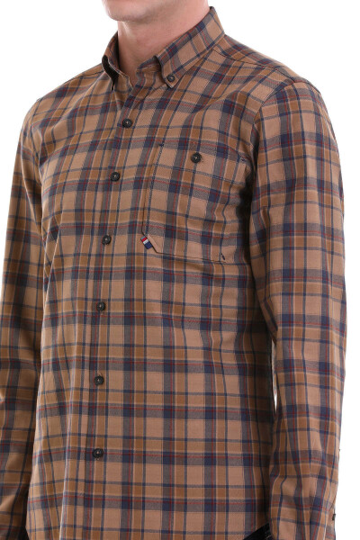 Kahverengi Comfort Fit Kareli 100% Pamuklu Düğmeli Yaka Uzun Kollu Klasik Gömlek - 5