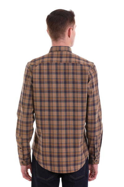 Kahverengi Comfort Fit Kareli 100% Pamuklu Düğmeli Yaka Uzun Kollu Klasik Gömlek - 6