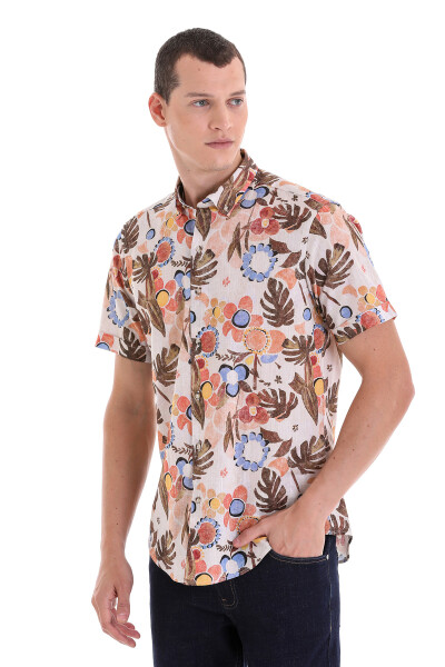 Kahverengi Comfort Fit Baskılı Düğmeli Yaka 100% Pamuklu Kısa Kollu Casual Gömlek - 4