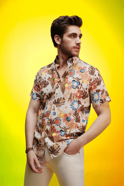 Kahverengi Comfort Fit Baskılı Düğmeli Yaka 100% Pamuklu Kısa Kollu Casual Gömlek 