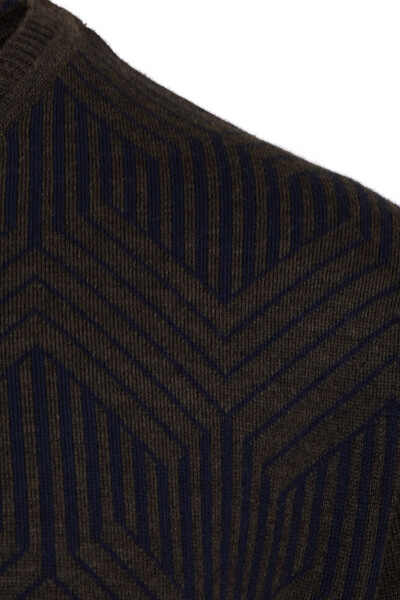 Kahverengi Regular Fit Desenli Bisiklet Yaka Yünlü Kazak - 3