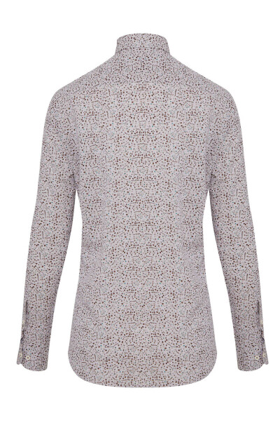 Kahverengi Slim Fit Baskılı Düğmeli Yaka Uzun Kollu Casual Keten Gömlek - 2