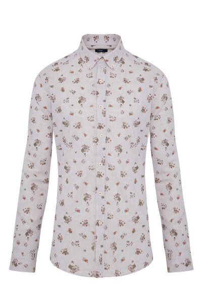 Kahverengi Slim Fit Baskılı Düğmeli Yaka Uzun Kollu Casual Keten Gömlek 