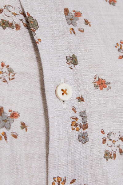 Kahverengi Slim Fit Baskılı Düğmeli Yaka Uzun Kollu Casual Keten Gömlek - 3