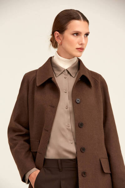 Saykı Woman Kahverengi Dinamik Fit Bebe Yaka Kaşe Manto - 6