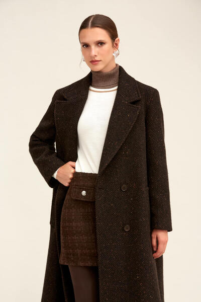 Saykı Woman Kahverengi Dinamik Fit Ceket Yaka Kaşe Yünlü Manto - 3