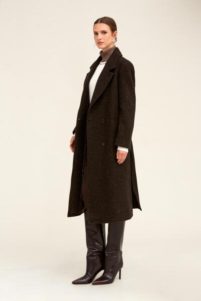 Saykı Woman Kahverengi Dinamik Fit Ceket Yaka Kaşe Yünlü Manto - 6