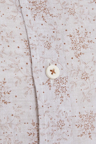 Kahverengi Slim Fit Baskılı Düğmeli Yaka Uzun Kollu Casual Keten Gömlek - 3