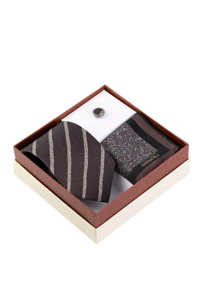 Kahverengi Kravat Mendil ve Yaka Rozeti 3'lü Set 