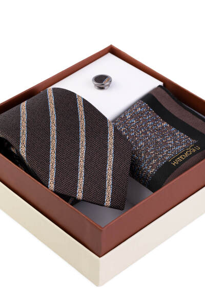 Kahverengi Kravat Mendil ve Yaka Rozeti 3'lü Set - 2