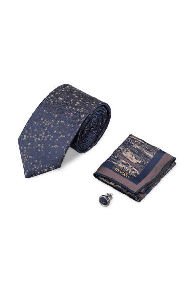 Kahverengi Kravat Mendil ve Yaka Rozeti 3'lü Set 