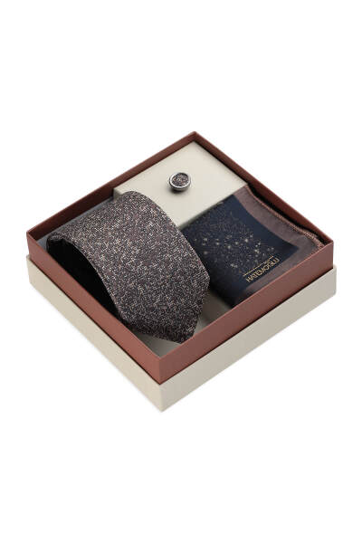 Kahverengi Kravat Mendil ve Yaka Rozeti 3'lü Set - 2