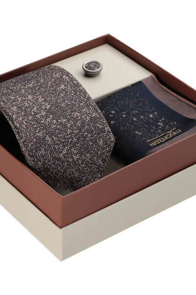 Kahverengi Kravat Mendil ve Yaka Rozeti 3'lü Set - 3