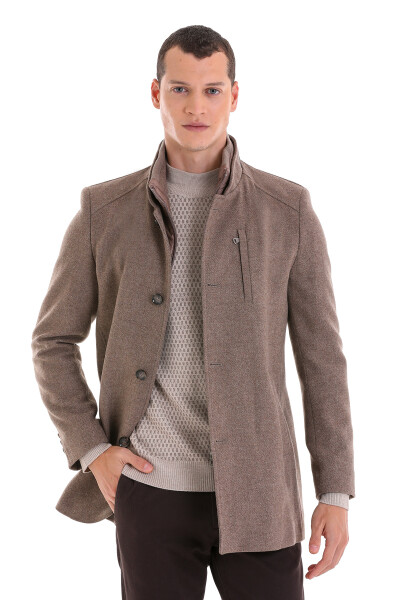 Kahverengi Slim Fit Hakim Yaka İçlikli Yünlü Palto - 1