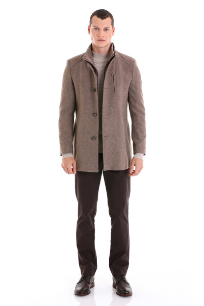 Kahverengi Slim Fit Hakim Yaka İçlikli Yünlü Palto - 2