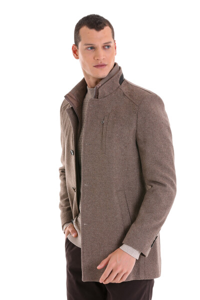 Kahverengi Slim Fit Hakim Yaka İçlikli Yünlü Palto - 3