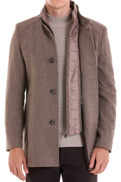 Kahverengi Slim Fit Hakim Yaka İçlikli Yünlü Palto - 5