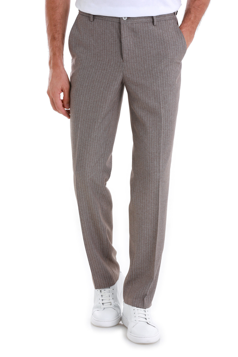 Kahverengi Regular Fit Çizgili Yandan Cepli Kumaş Pantolon - Hatemoğlu (1)