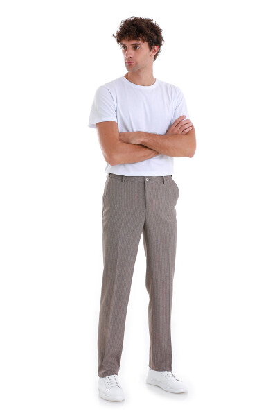 Kahverengi Regular Fit Çizgili Yandan Cepli Kumaş Pantolon - 1