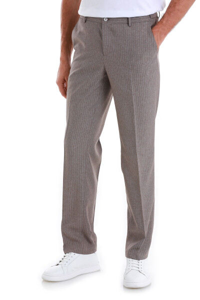 Kahverengi Regular Fit Çizgili Yandan Cepli Kumaş Pantolon - 4