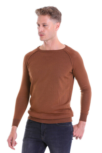 Kahverengi Regular Fit Bisiklet Yaka Yünlü Triko Kazak - 2