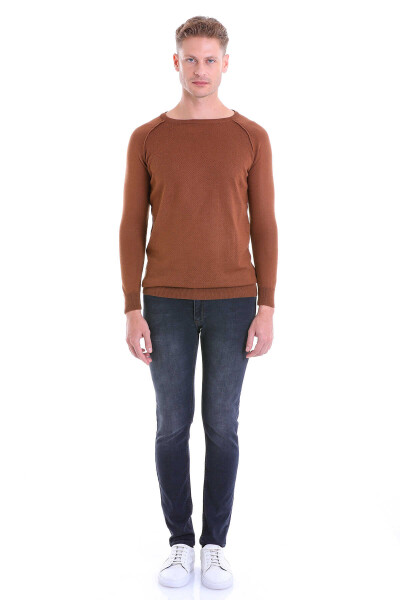 Kahverengi Regular Fit Bisiklet Yaka Yünlü Triko Kazak - 3